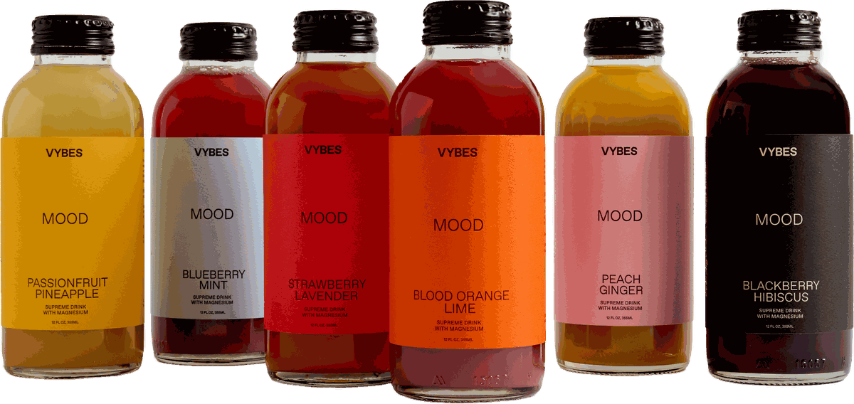 All six VYBES Mood flavors in 12oz bottles